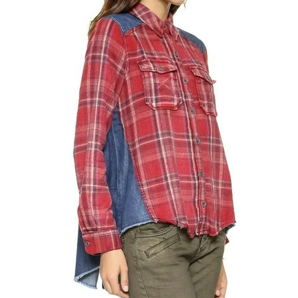 Free People Road Trip Getaway Flannel and Denim Button Down Shirt - Picture 1 of 6